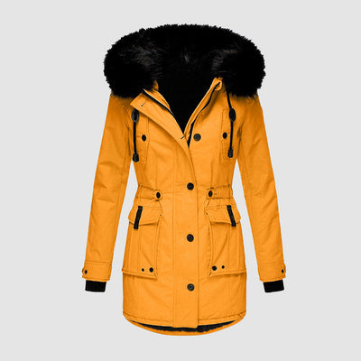 Gelber Winterjacke vorne mit Pelzkragen für Damen