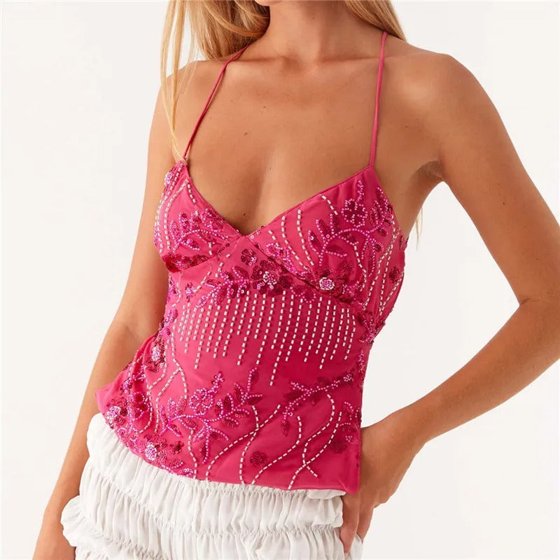 Luna | Festliches Pailletten Top Damen mit Blumenstickerei und Verstellbaren Trägern-3