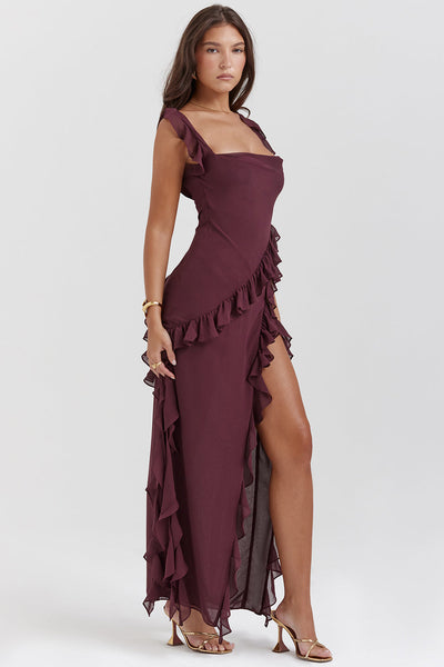 Luna | Maxikleid Sommer mit Rüschen und Schlitz in Pflaume-5